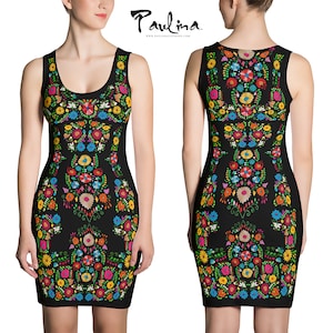MAYA Bodycon Mexican Embroidery Print Dress by Paulina