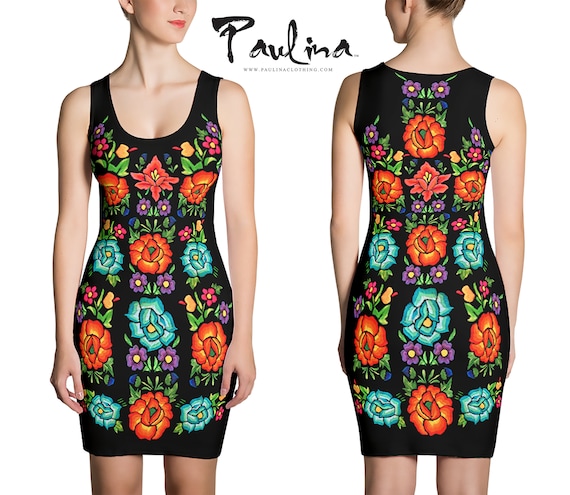Oaxaca Bodycon Mexican Inspired Embroidery Print Dress by Paulina Etsy
