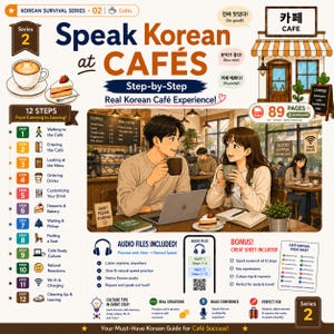 May include: A digital educational guide titled Speak Korean at CAFÉS, featuring 12 steps for cafe interactions. The layout includes illustrations of people in a cafe, a menu, icons for steps, audio file information, and a bonus cheat sheet for language learners.
