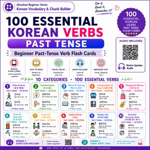 Puede incluir: Un póster educativo blanco titulado 100 Essential Korean Verbs Past Tense, que presenta 10 categorías de verbos con iconos, texto en coreano, romanización y traducciones al inglés. Incluye un código QR para audio y 100 verbos para principiantes.