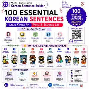 Op de afbeelding: Een educatieve infographic getiteld 100 Essential Korean Sentences for Travel & Everyday Life. Het bevat 10 alledaagse scènes met illustraties, een QR-code voor audio door moedertaalsprekers en secties over digitale flashcards en bonus PDF-cheat sheets.