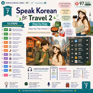 Może przedstawiać: Cyfrowy przewodnik zatytułowany Speak Korean for Travel 2, zawierający 12 kroków podróży, ilustrację w stylu anime przedstawiającą dwie osoby na targu, znak kierunkowy z tekstem koreańskim i angielskim oraz ikony plików audio i ściągi.