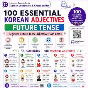 Puede incluir: Un póster educativo blanco titulado 100 Essential Korean Adjectives Future Tense. Presenta diez categorías de vocabulario con texto en coreano, traducciones al inglés e iconos. Incluye un código QR para audio y una hoja de referencia.