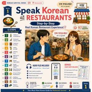 Könnte beinhalten: Eine lehrreiche Infografik mit dem Titel Speak Korean at RESTAURANTS, die einen 13-stufigen Leitfaden für Restaurantbesuche bietet. Sie enthält Illustrationen einer Person in blauem Hemd und einer in beiger Strickjacke sowie Symbole, Text und QR-Code.