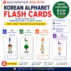May include: A set of Korean alphabet flash cards featuring a four-step learning system. The cards display Hangul characters with pronunciation guides, example words, and illustrations. Includes audio access via QR code and a digital cheat sheet.