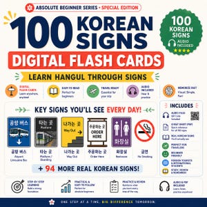Op de afbeelding: Een digitale flashcard-set getiteld 100 Korean Signs, Absolute Beginner Series Special Edition. De afbeelding bevat tekst, iconen en voorbeelden van Koreaanse bewegwijzering, waaronder luchthavenbus, perron, uitgang, bestelling en toilet.