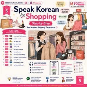 Może przedstawiać: Cyfrowy przewodnik edukacyjny zatytułowany Speak Korean for Shopping, zawierający 90 stron lekcji, 12 kroków dotyczących zakupów oraz pliki audio. Układ zawiera ilustracje sklepu, toreb na zakupy i działu kosmetycznego.