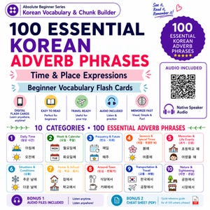 Op de afbeelding: Een witte educatieve poster getiteld 100 Essential Korean Adverb Phrases met paarse en blauwe tekst. Het bevat tien genummerde categorieën met iconen, een QR-code voor audio en vermeldt digitale flashcards en een PDF-spiekbriefje.