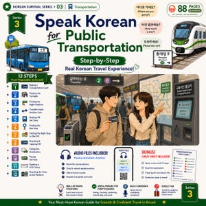 Op de afbeelding: Een digitale educatieve gids getiteld Speak Korean for Public Transportation, met een stappenplan van 12 stappen, een geïllustreerde scène van een metrostation, audiobestanden en een bonus spiekbriefje voor het Koreaanse openbaar vervoer.