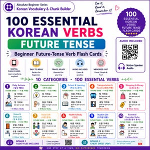 Puede incluir: Un conjunto de 100 tarjetas didácticas de verbos coreanos esenciales en tiempo futuro con el título Absolute Beginner Series, 10 categorías de vocabulario, códigos QR para audio de hablantes nativos y una hoja de trucos con iconos y texto.
