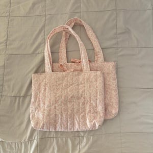 Pink Floral Quilted Tote Bag | Coquette Patchwork School Tote | Handmade Bow Tie Closure Purse | Cute Everyday Shoulder Bag