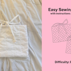 May include: A white eyelet fabric pouch with a tie closure, displayed alongside a pink graphic featuring the text Easy Sewing Pattern with instructions and free video and Difficulty: Beginner, showing two line-art illustrations of the pouch.