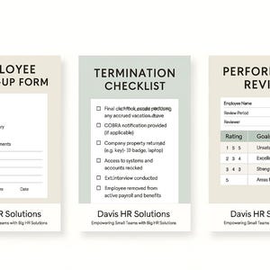 May include: Three HR forms: Employee Write-Up, Termination Checklist, and Performance Review. Each form has a light beige background with black text. The forms are from Davis HR Solutions.