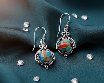 Oyster Koppar Turkos 925 Sterling Silver Örhängen, Handgjorda Boho Style Cabochon Dingelörhängen - Ångest - Jubileumssmycke Gåva