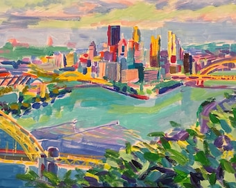 Schilderij van Pittsburgh, origineel stadsgezicht in acrylverf, 12x18 cm.