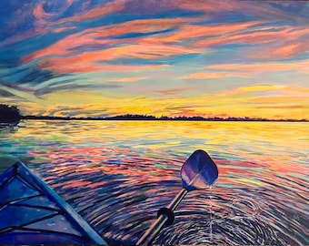 Dipinto acrilico di un tramonto in kayak, pannello in legno intelaiato 18x24, opera d'arte naturalistica