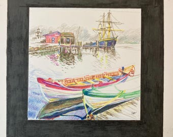 Nautical scene in colored pencil. Canoe, boats, dock. Original drawing, signed (6x6)