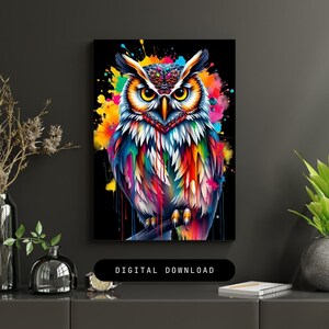 Colorful Splash Owl Art jpg and png – neon owl printable digital download wall decor