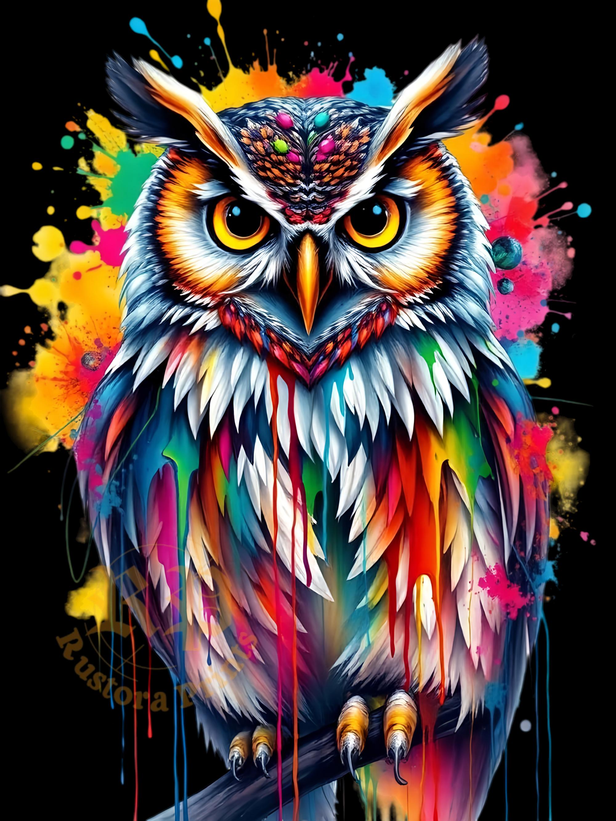 Colorful Splash Owl Art jpg and png – neon owl printable digital download wall decor