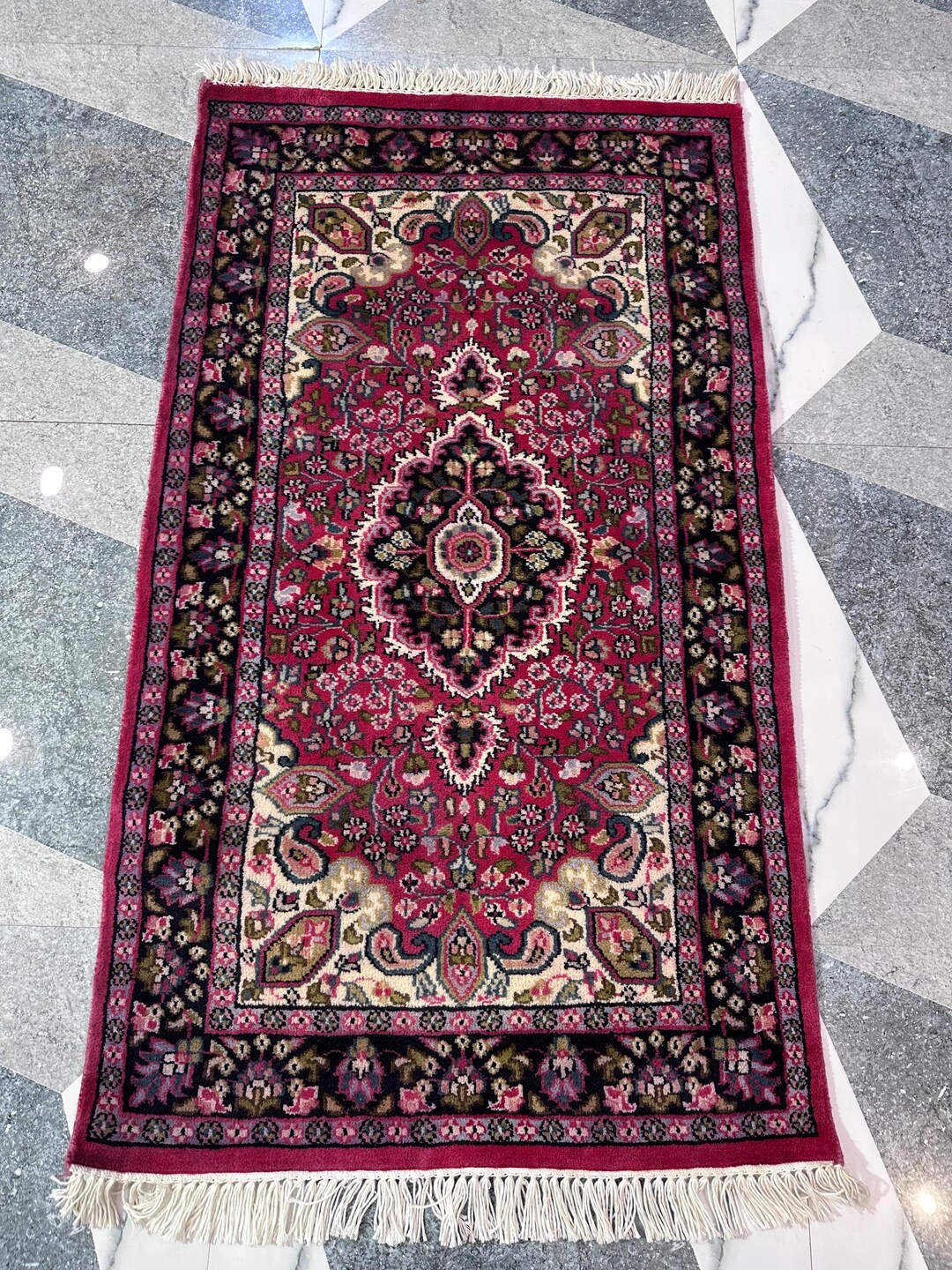 2.5x4 Ft Red Area Rug – Mughal Floral Hand Knotted Wool Rug – Vintage ...
