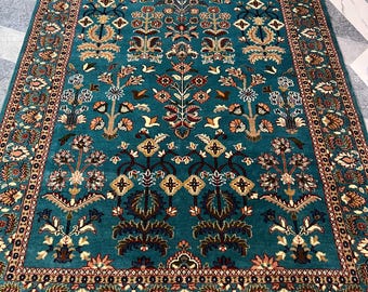 Teal Mughal Floral Rug 6x9 ft - Hand Knotted Wool Persian Style Carpet