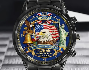 Personalized Stainless Steel Watch, American Flag Eagle 250th Anniversary Gift