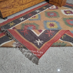 Vintage Wool Jute Kilim Rug, Handwoven, Wool and Jute Rug Handmade, Kilim Dhurrie Rug, Traditional Indian jute Area rug, Kilim Dhurrie Rug