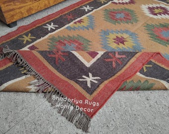 6x8 Wool Jute Kilim Rug, Home Decor Rugs, Custom Size Wool Rug, Vintage Area Rug, Boho Decor Rug, Handmade Wool Jute Rug