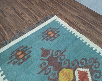 Handmade Navajo Kilim Rug, Aztec Rug, Accent Rug, Outdoor Rug/Indoor Rug, Living/Dinning Room 4X6 Ft. WoolJute Kilim Rug, Indian Dhurrie Rug