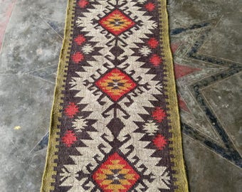 Handwoven Wool Jute Kilim Runner: Bohemian Rug, 2x10