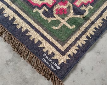 Handwoven Wool Jute Kilim Rug: Bohemian Nordic Decor 3x5 ft