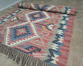 Handwoven Wool Jute Kilim Rug: Traditional Indian Dhurrie