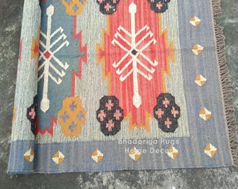Alfombra Kilim de yute y lana tejida a mano: Boho Dhurrie, tamaño personalizado