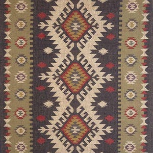 May include: A rectangular area rug featuring a dark charcoal central panel with three large diamond motifs in red, yellow, and white. The border is olive green with repeating geometric shapes and fringe on the top and bottom edges. Text reads Bhadoriya Rugs Home Decor.
