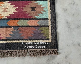 Handwoven Wool Jute Kilim Rug: Traditional Rajasthani Dhurrie