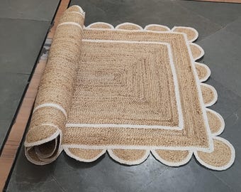 Braided Rug, Jute Rug, Area Rug, Scalloped Rug Custom Size Rug, Handmade Rug, Natural Jute Rug, Hallway Rug, Sisal Area Rug, Solid Color Rug