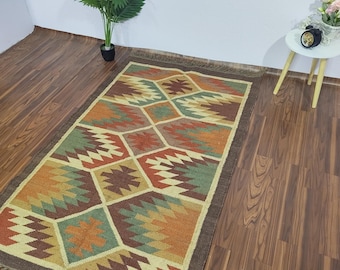 Wool Jute Rug Kilim Area Rug, Handmade Kilim Runner Rug, Boho Hallway Rug, Vintage Kitchen Rug, Outdoor Handwoven Wool Rug Custom Size Rug