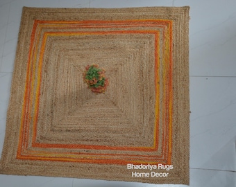 Orange And Yellow Broder, Hand Braided Jute Area Rug, Custom Size Rug - Natural Jute Rug, Bohemian Rug, Floor And Home Decor Rugs, Jute Rugs