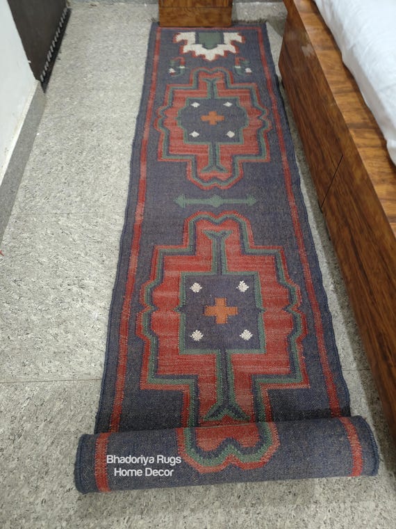 Handwoven Vintage Kilim Runner Rug, Wool Jute Geometric Stair Kitchen ,Runner Bedside |Hallway| Custom Size, Washable ,Oriental Runner Rug