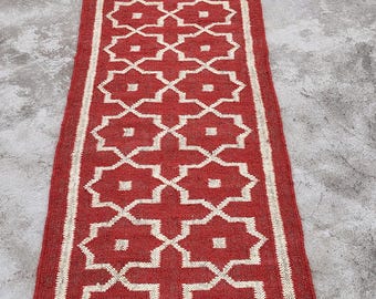 Rad met gebroken wit kelimlopertapijt, wollen juteloper, kelim dhurrie, traditionele stijl, geometrisch patroon Victoriaans, hipster, GRATIS VERZENDING