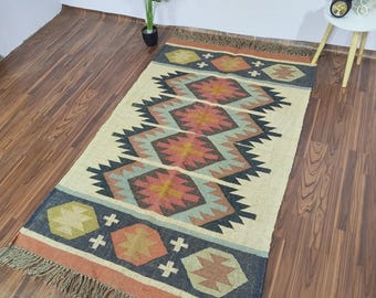 Wool and Jute Rug Handmade, Kilim Dhurrie Rug, Traditional Indian/WOOL JUTE RUGS, Kilim Wool and Jute Rug Handmade Kilim Dhurrie Rug