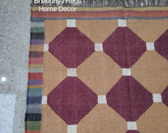 Handwoven Wool Jute Kilim Rug: Bohemian Dhurrie, Eco Friendly
