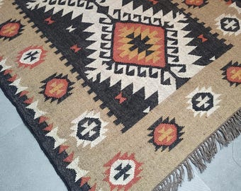 Vintage Wool Jute Kilim Rug – Handwoven Indian Dhurrie, Custom Size Traditional Area Carpet, Moroccan Rug Handwoven Wool Jute Rug, Kilim Rug