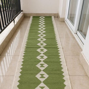 Handwoven Wool Jute Stair Runner Rug: Green Boho Kilim Design
