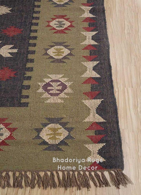 Handwoven Wool & Jute Kilim Rug: 8x10 ft Oriental Dhurrie