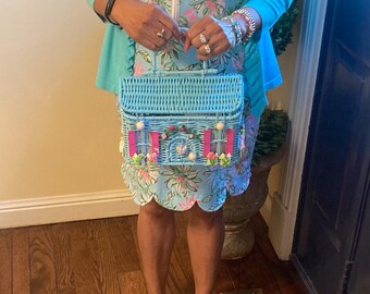 Turquoise/Pink Wicker Cottage Purses