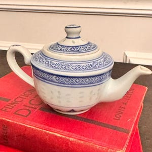 Vintage Chinese Ling Long/Rice Grain Porcelain Teapot – Blue & White – 3” Tall