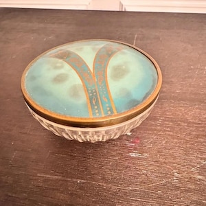 Vintage Art Deco Glass Powder Jar with Enamel Lid – 4” Wide