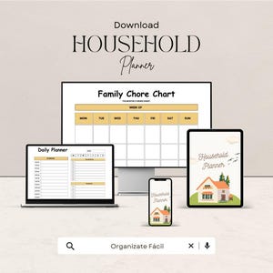 Puede incluir: Un planificador doméstico digital que se muestra en un monitor de computadora, computadora portátil, tableta y teléfono inteligente. El planificador incluye un cuadro de tareas familiares y un planificador diario. El texto "Download HOUSEHOLD Planner" está en la parte superior.