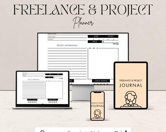 May include: A digital freelance and project planner displayed on a computer monitor, laptop, tablet, and smartphone. The text "FREELANCE & PROJECT Planner" is at the top. The tablet displays "FREELANCE & PROJECT JOURNAL". The bottom of the image has the text "Organizate Fácil".